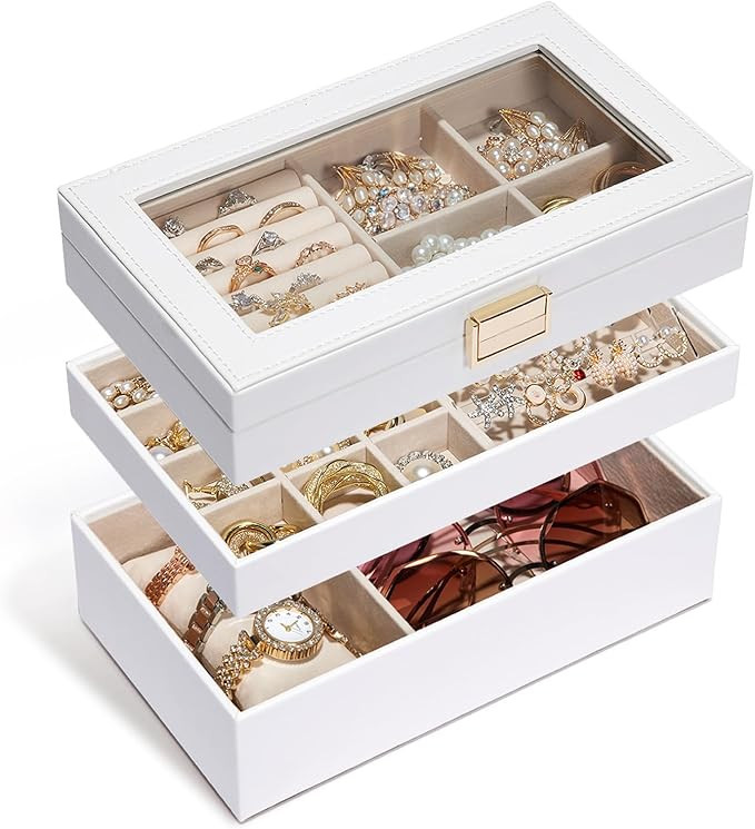 Homde Jewelry Tray Stackable Jewelry Box with Glass Lid, Removable Dividers for Vanity Table - Ch... | Amazon (US)