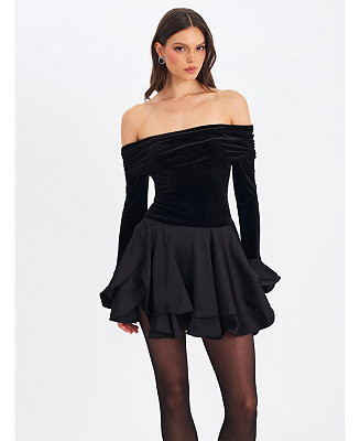 Miss Circle Women Magnolia Black Off-Shoulder Layered Satin Mini Dress - Macy's | Macy's