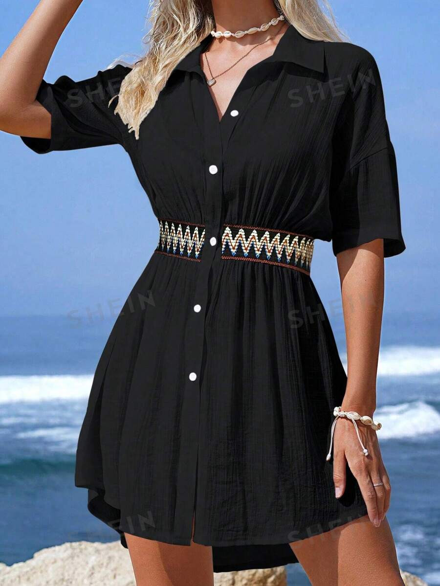 SHEIN VCAY Summer Beach 1pc Color Block Panel Front Short Back Long Buttoned Up Kimono | SHEIN