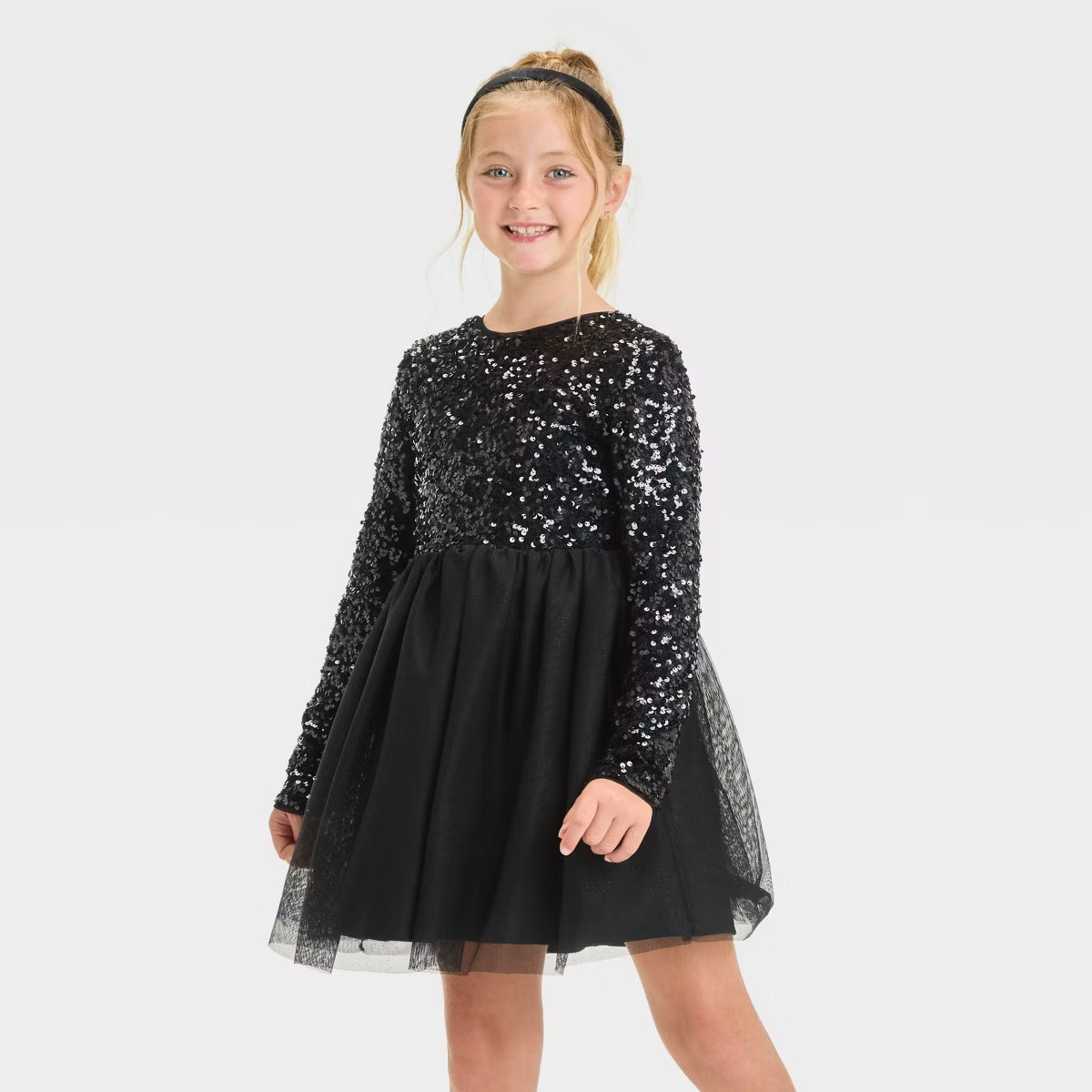 Girls' Long Sleeve Sequin Tulle Skirt Dress - Cat & Jack™ Black S | Target