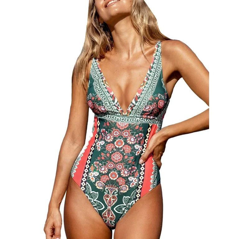 Cupshe Women's One Piece Swimsuit Boho Floral Print Lace-Up Bathing Suit | Walmart (US)