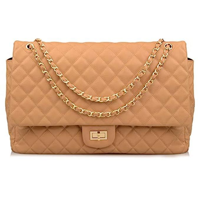 Ainifeel Women's Genuine Leather Oversize Quilted Flap Handbag Large Travelling Tote Bag Luggage Hol | Amazon (US)