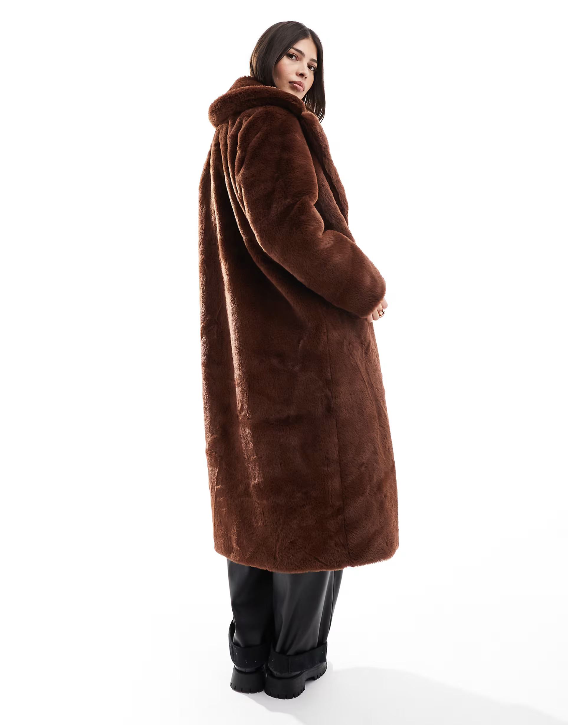 Miss Selfridge faux fur maxi coat in rich chocolate brown | ASOS (Global)