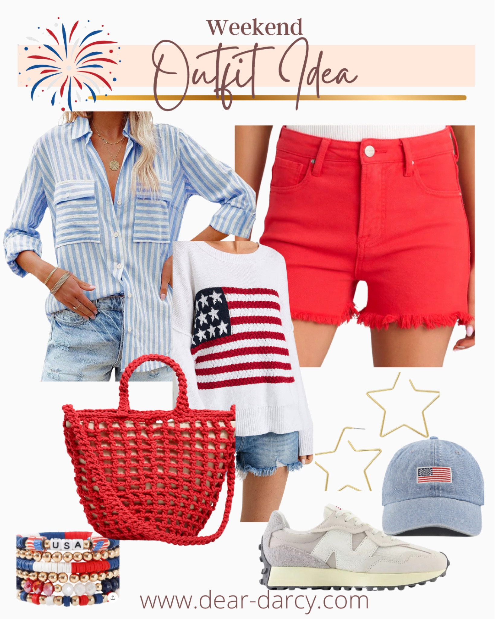 Weekend #outfit idea❤️🤍💙

Memorial weekend and 4th of July outfit idea❤️🤍💙

The best shorts fit true to size and oh so comfortable! Affordable too under $60

The cutest blue and white stripe sort that you could never have enough of… $28.99

American flag sweater giving the Ralph Lauren vibe and a fraction of the cost 
$25

Madewell crochet bag 

USA bracelet on sale $9 

Fully in stock New Balance 327 tennis shoes 

American flag Hat $15

All of these pieces you’ll wear on repeat

#LTKStyleTip #LTKSaleAlert #LTKFindsUnder100