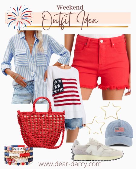 Weekend #outfit idea❤️🤍💙

Memorial weekend and 4th of July outfit idea❤️🤍💙

The best shorts fit true to size and oh so comfortable! Affordable too under $60

The cutest blue and white stripe sort that you could never have enough of… $28.99

American flag sweater giving the Ralph Lauren vibe and a fraction of the cost 
$25

Madewell crochet bag 

USA bracelet on sale $9 

Fully in stock New Balance 327 tennis shoes 

American flag Hat $15

All of these pieces you’ll wear on repeat

#LTKSaleAlert #LTKStyleTip #LTKFindsUnder100