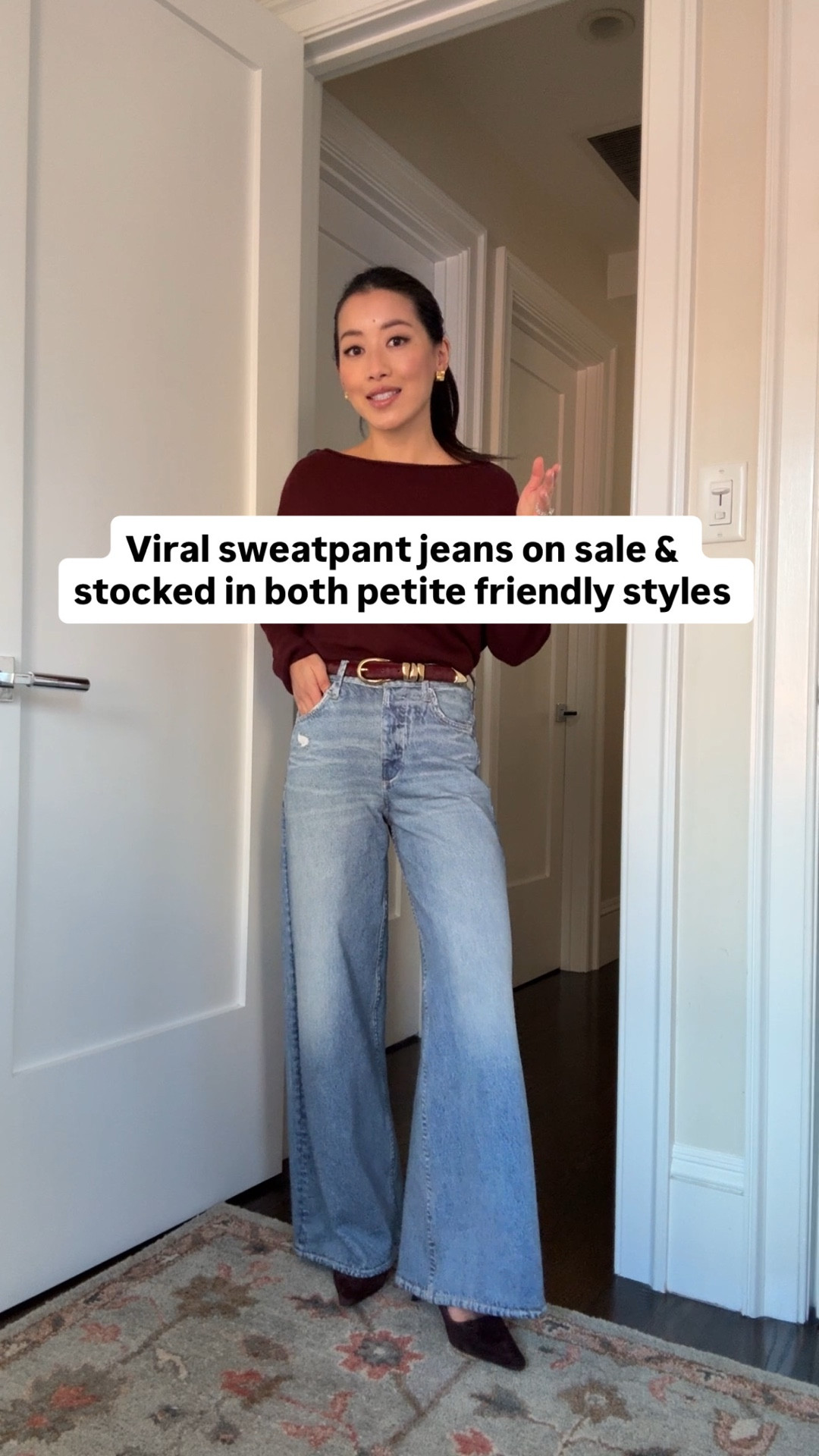Friday only!!

sweatpant jeans stocked and on sale in both styles shown! I’m in 23 - key is to size down and shrink the length in the dryer if you’re petite . 

My polo caps also on sale. Love them!

Can ask Nordstrom to price match any style that is in stock in the same color and size!

Sofie Miramar Ankle (style 1) and Andi Miramar Cropped (style 2) 

•Sofie Ankle is my favorite style and worn in the first part of this video. “ankle” is actually a 30” inseam that I shrunk shorter to 27.5”.  Mine is an older wash called Minetta

• Andi is the cropped style and comes with a 26.5" inseam.

To shorten: All Miramar styles shrink in length if machine dried. I machine dried on medium for about 20 min at a time and checked til it was the perfect length. Only the length shrunk and nowhere else for me. 

• 40% off Madewell Dimes boots 5.5, a little narrow so I took my bigger half size

• Madewell cozy pullover sweater xxs

• New Balance 9060s, big kids 3.5 = womens 5.5

• Quince burgundy sweater xs

• Madewell belt xxs

Black friday, cyber monday week sales, designer denim , nordstrom finds  , gifts for her 

#LTKPetite #LTKCyberWeek