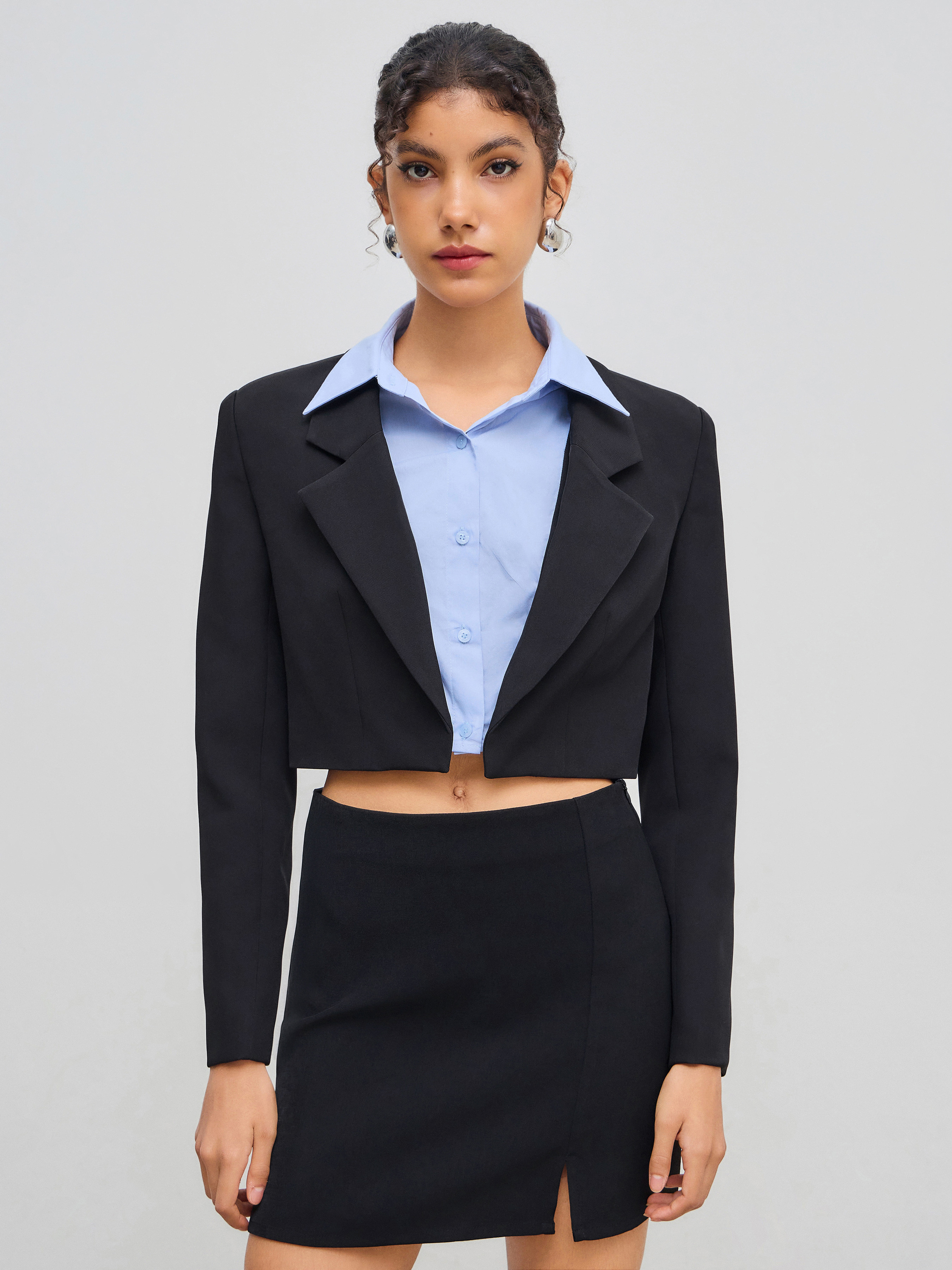 Woven Notched Collar Solid Two Tone Crop Blazer For Work | Cider