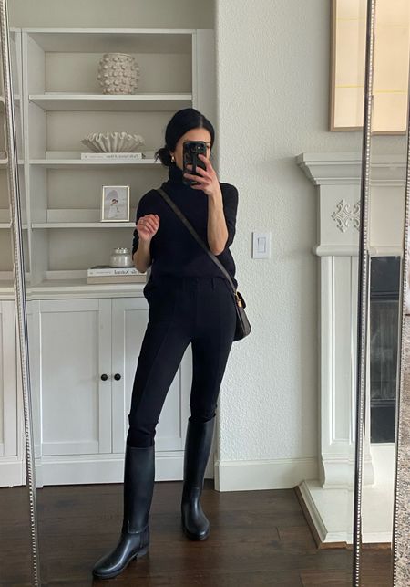 Black fitted ponte pants. I’m in love with these! They fit like a glove and have a nice high waist. They are on major sale right now. I actually went down a size to have them look more like a riding pant. I’m wearing the 00 here. 

Black equestrian rain boots. These are so chic and under $100. Make sure you go down a full size. They run very small and are narrow. I’m normally a 7.5 and have these in an 8.5

Louis Vuitton Pochete Métis bag  
Equestrian outfit 
Refined rain boots

#LTKshoecrush #LTKsalealert #LTKover40