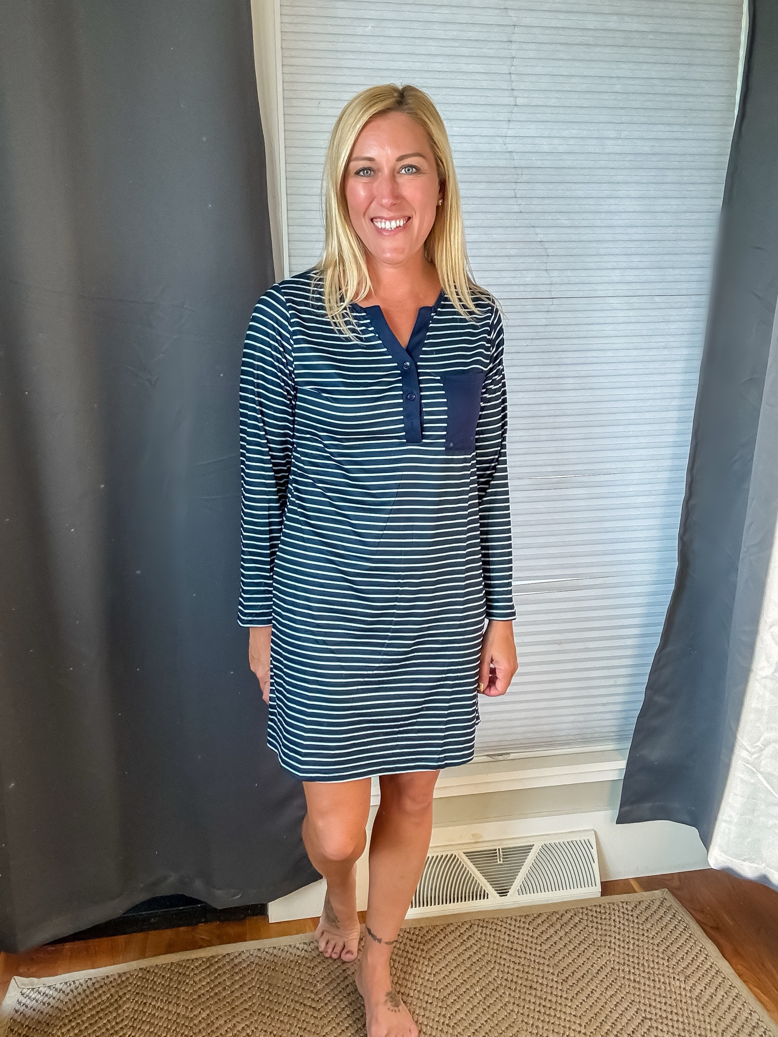 I’m a warm sleeper, so even as the weather gets cooler I like the lightweight feeling of nightgowns. This one is perfect! The fabric is soft and stretchy. 