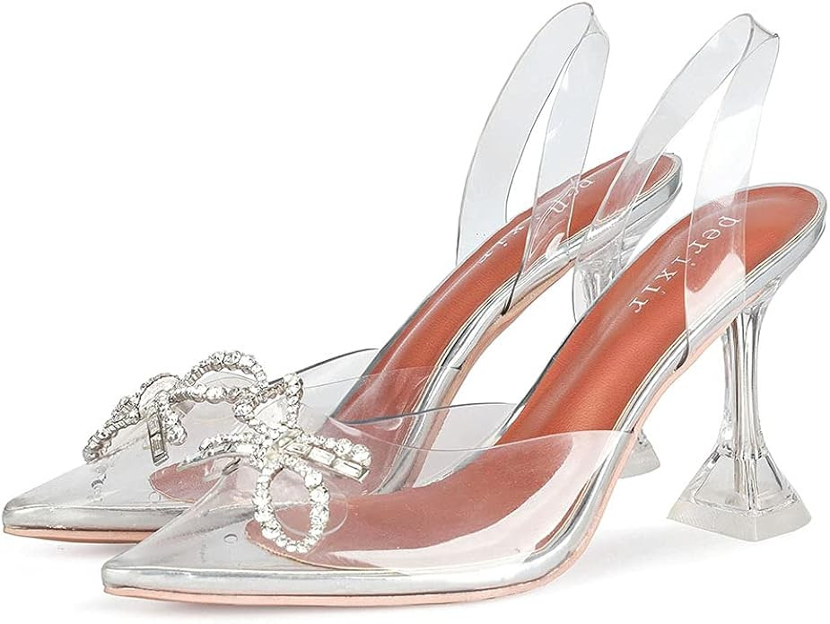 Perixir Women Summer Bow Crystal Heels Slingbacks Party Sandals TPU Pointed Toe Rhinestones Trans... | Amazon (US)