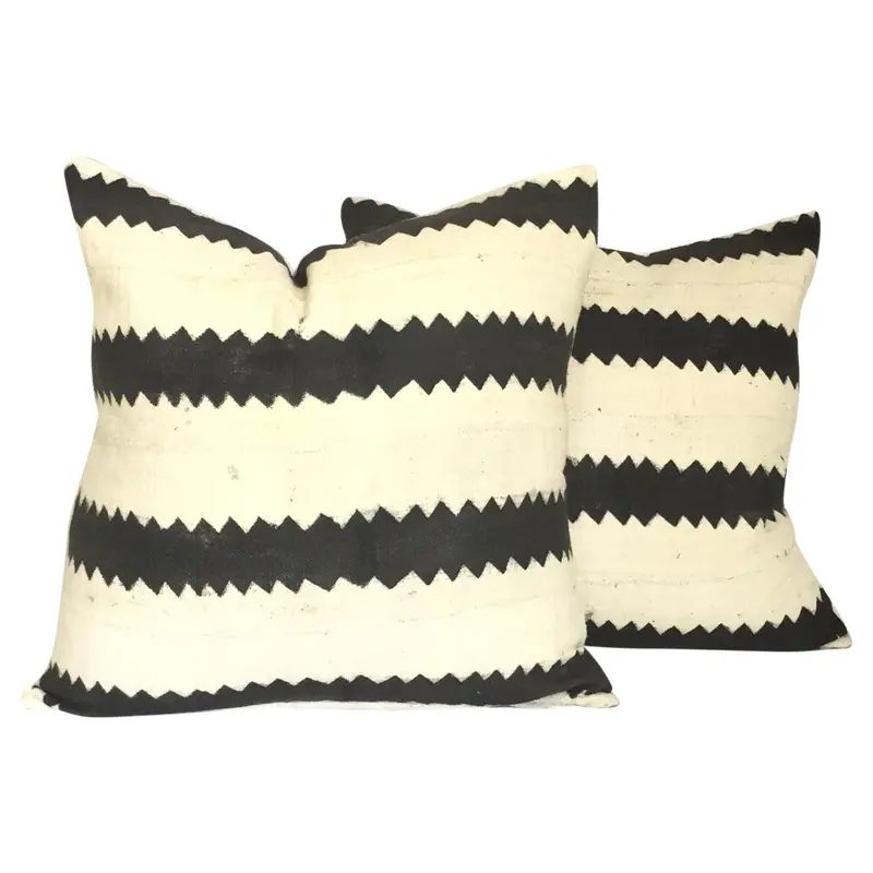 Mud Cloth Black and White Pillows - A Pair | Chairish