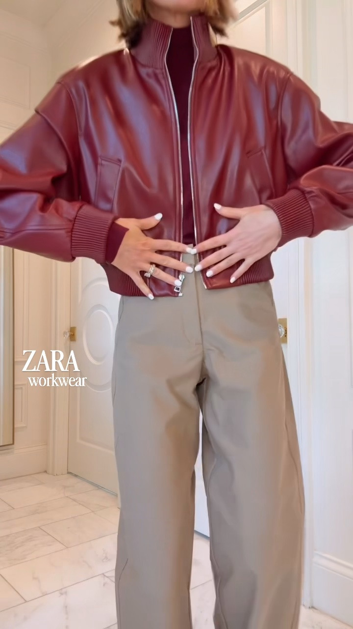 Fall workwear outfit idea from Zara! These barrel pants are such a nice fabric and come in 3 colors. I’m wearing size small in the top and jacket & size XS in the pants.