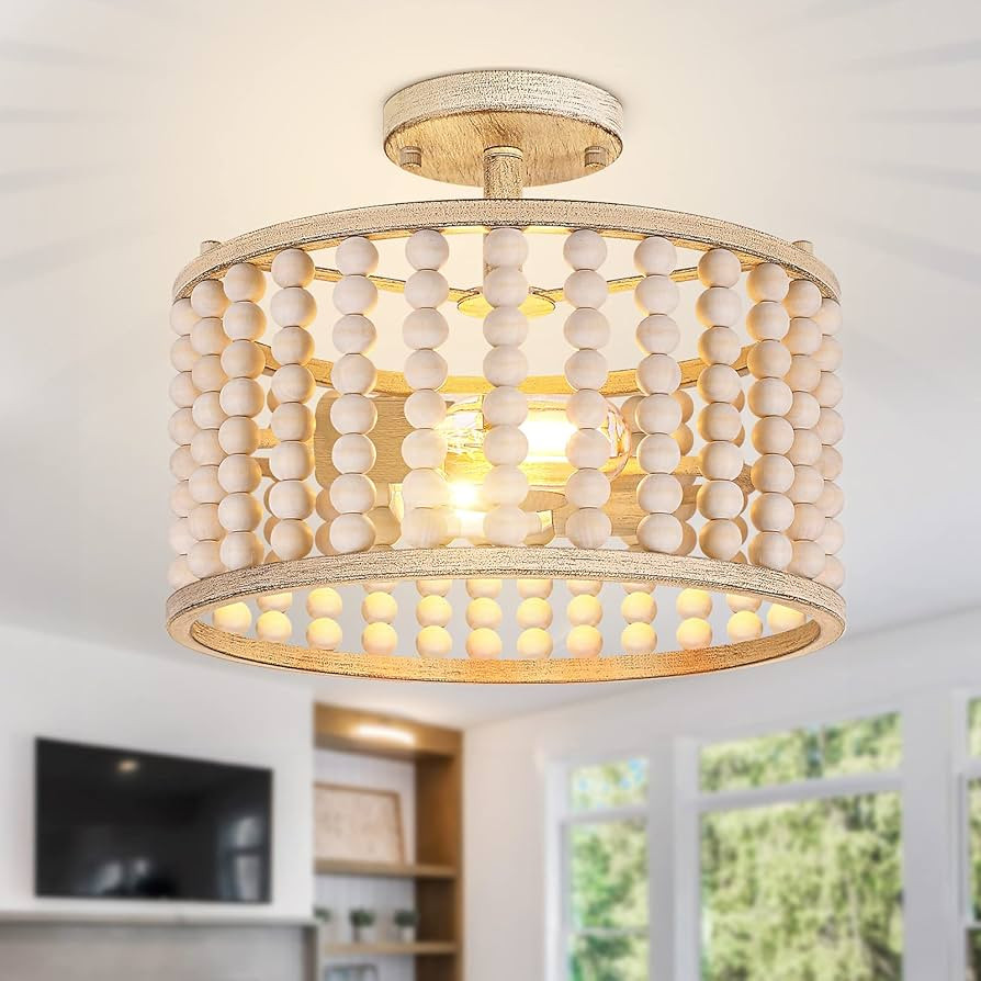 Wood Beaded Chandelier - Farmhouse Boho Light Fixture, Rustic Semi Flush Mount Ceiling Light, Oak... | Amazon (US)