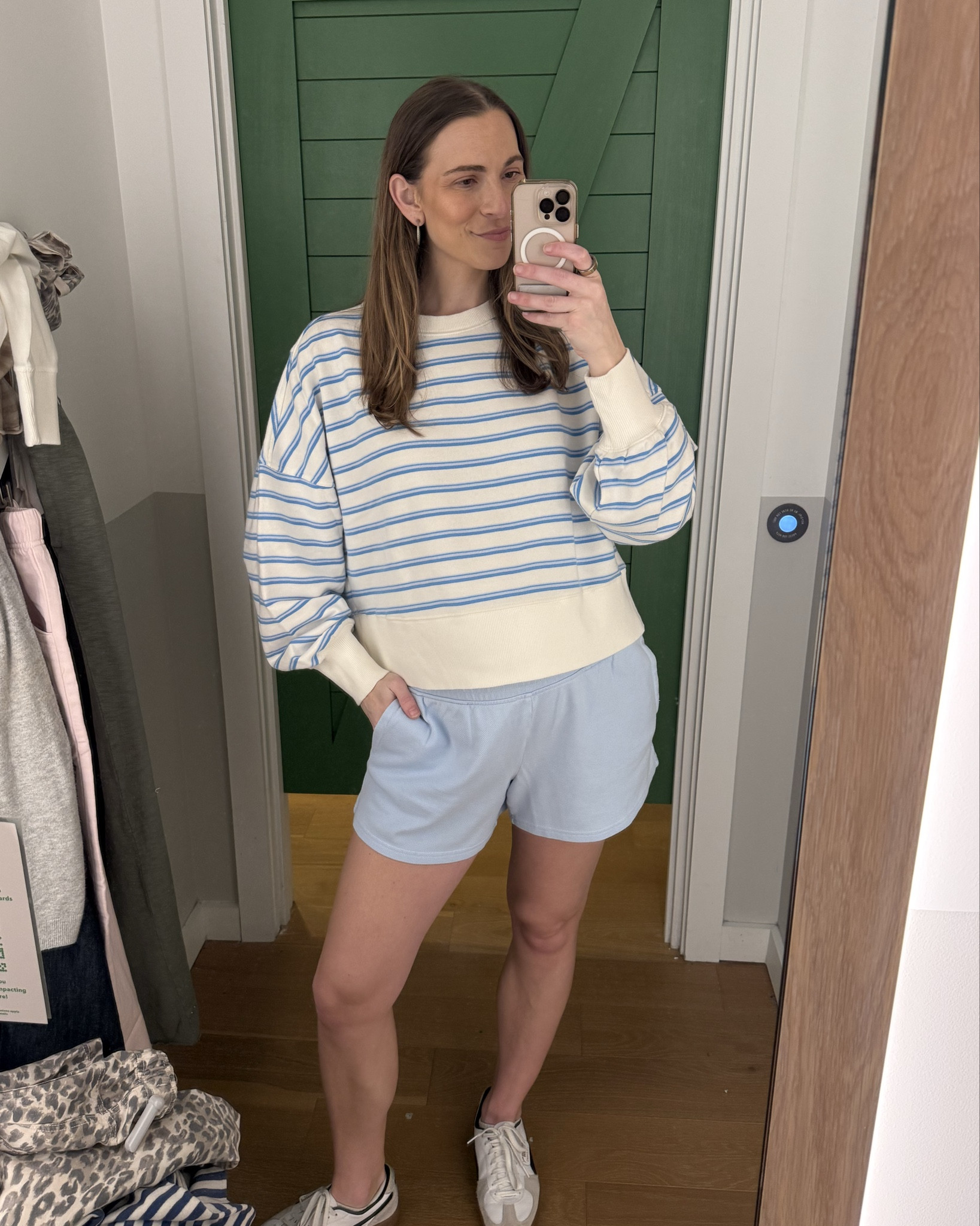 Aerie Try-On Haul 
1. Medium in striped sweat shirt & blue shorts.
2. Small in tshirt & green pants (would have preferred small long in pants). 
3. Size medium is pocket long sleeve shirt & size medium in cheetah pants
4. Size small in striped boat neck sweater

#LTKActive #LTKBump
