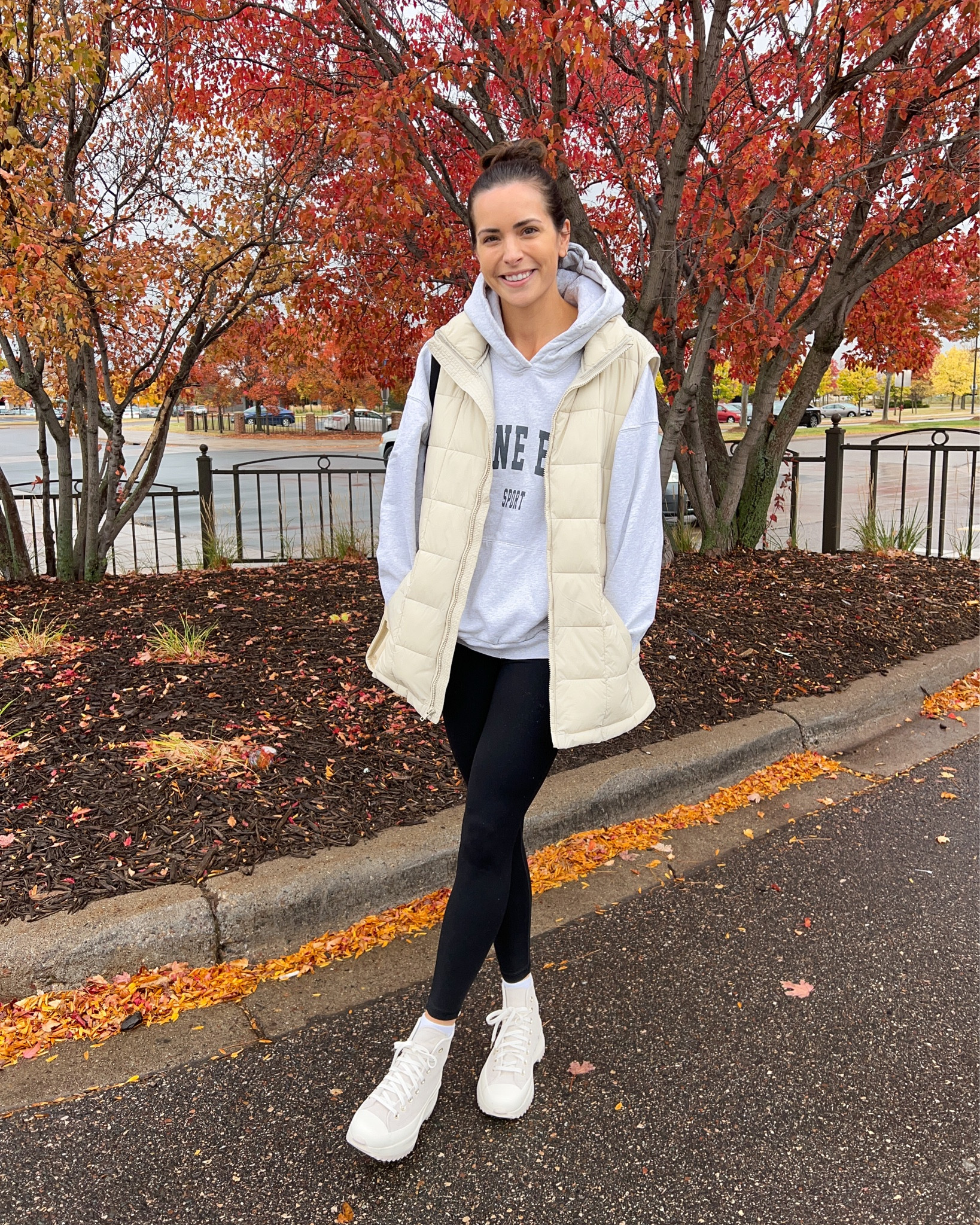 Vest: true to size (S tall) 
Sweatshirt: sized up to a M for an extra oversized fit 
Leggings: true to size (S)
Converse hike: size down half 

#LTKSeasonal #LTKunder100 #LTKshoecrush