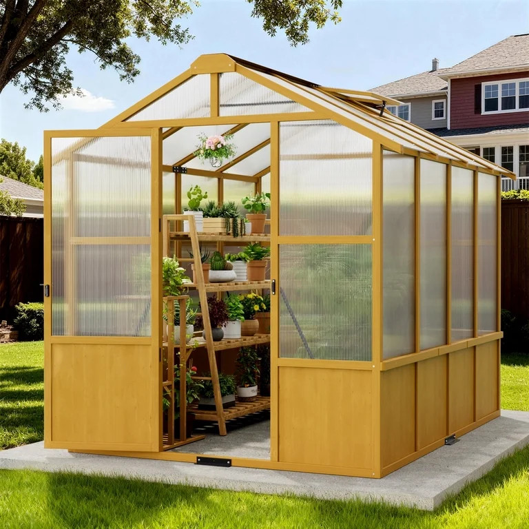 Sylviera 6x8ft Wooden Greenhouse with Pine Wood Frame & Polycarbonate Panels, Walk-In Outdoor Gre... | Walmart (US)