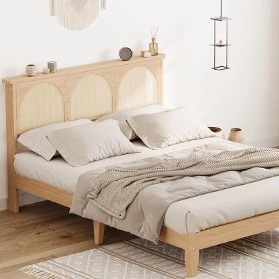 Wood Boho Style Wooden Bed with LED Lights & Storage Shelves and Rattan Headboard, Natural Finish | Target
