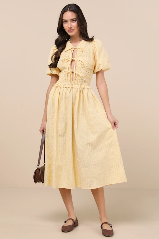 Sara Yellow Striped Smocked Puff Sleeve Midi Dress | Lulus