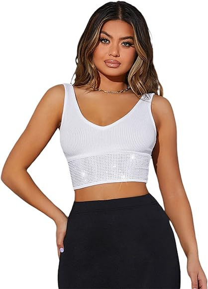 SOLY HUX Women's Sleeveless V Neck Rhinestone Ribbed Knit Crop Tank Top | Amazon (US)