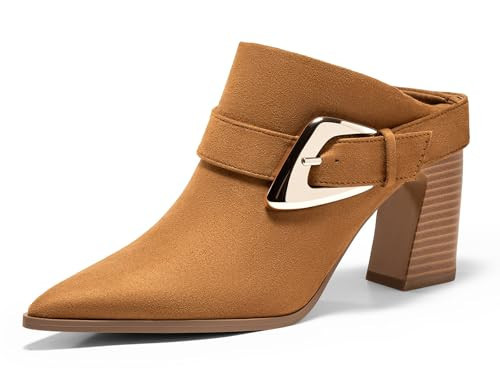 Coutgo Womens Mules Boots Chunky Stacked Heel Pointed Toe Booties Slip On Dress Boot Shoes with Buckle Decoration, Brown, Size 8.5 | Amazon (US)