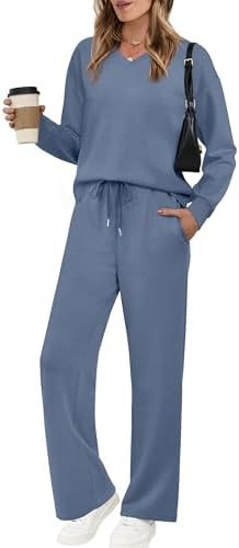 WIHOLL Lounge Sets for Women 2025 V Neck 2 Piece Outfits Airport Wide Leg Pants Matching Set Swea... | Amazon (US)