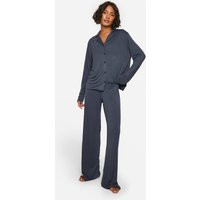 boohoo Women's Tall Long Sleeve Shirt & Trousers Pyjama Set in Navy | Size: 4 | Knitted | boohoo (US & Canada)