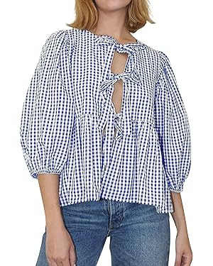 Cioatin Women Plaid Bow Tie Front Shirt Top Cute Puff Sleeve Y2K Peplum Ruffle Babydoll Blouse La... | Amazon (US)