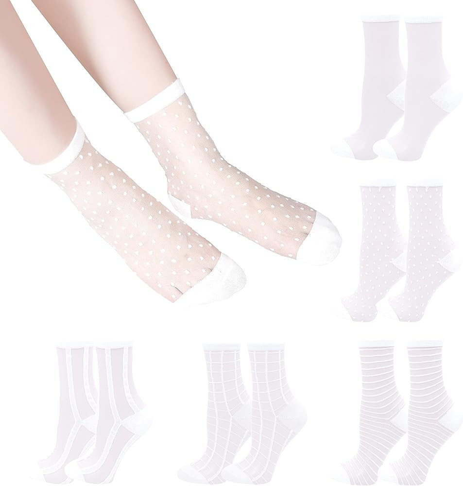 Bienvenu Sheer Socks Women, Lace Fishnet Mesh Nylon Socks, Thin Nylon Ankle Socks 5 Pairs | Amazon (US)