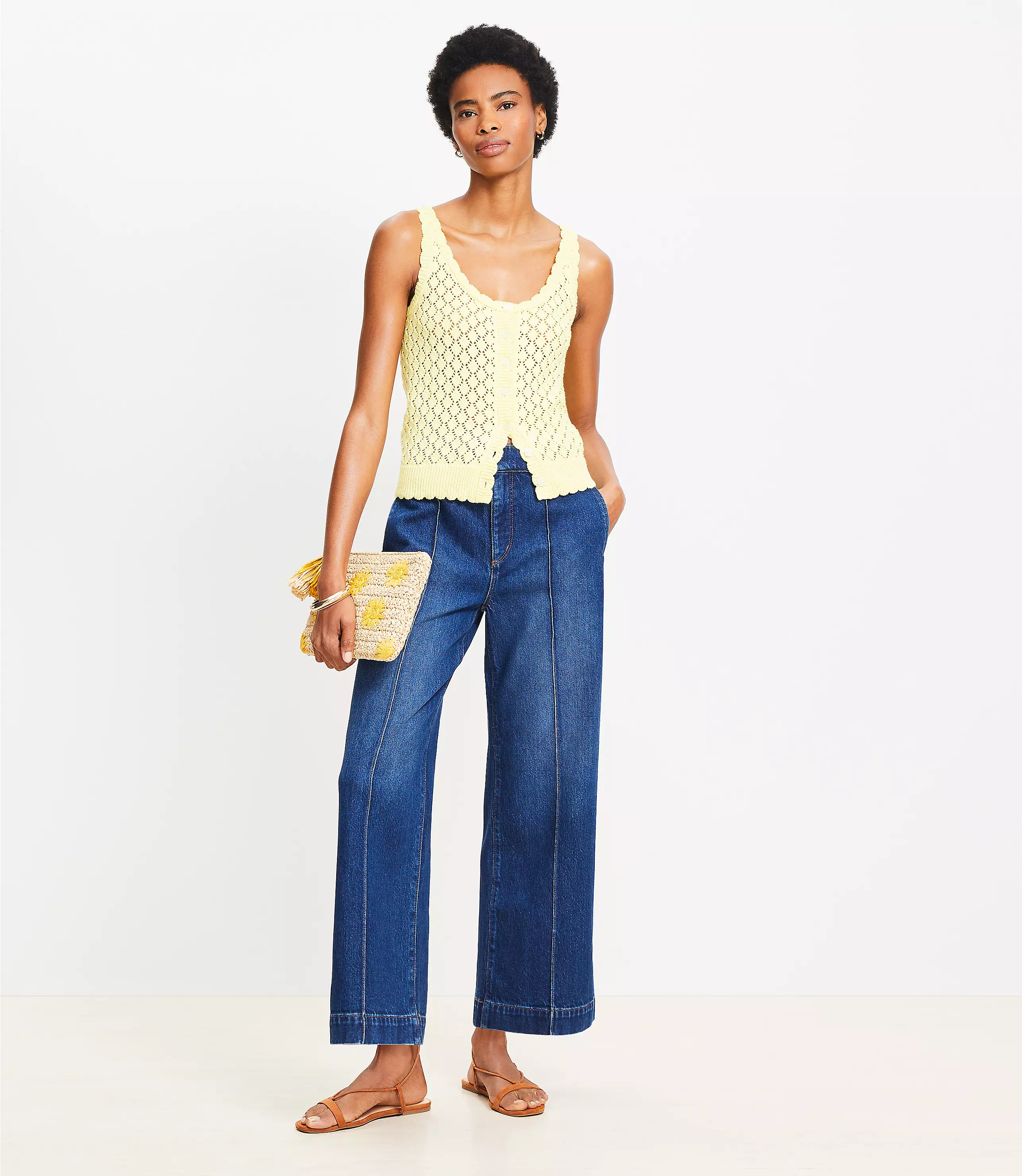Pintucked High Rise Wide Leg Crop Jeans in Dark Wash | LOFT