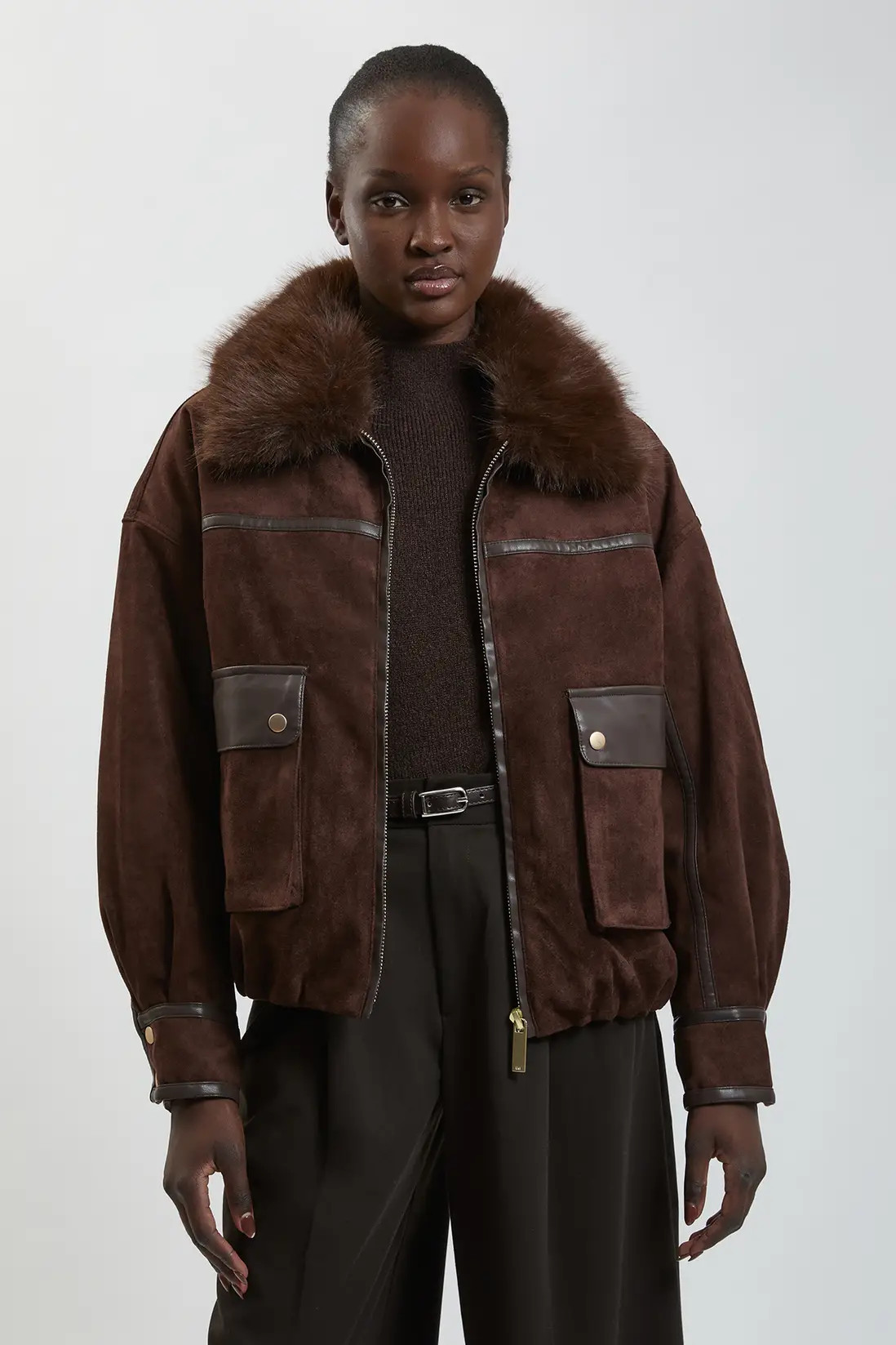 Faux Leather Mix Short Bomber Jacket | Karen Millen