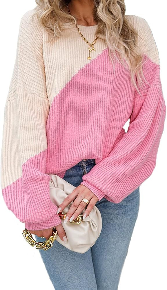 LAVASEON Color Block Sweater Batwing Sleeve Tops for Women Crew Neck Pullover Sweaters | Amazon (US)