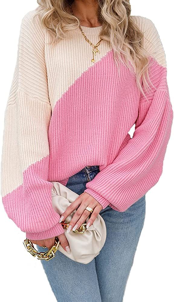 LAVASEON Color Block Sweater Batwing Sleeve Tops for Women Crew Neck Pullover Sweaters | Amazon (US)