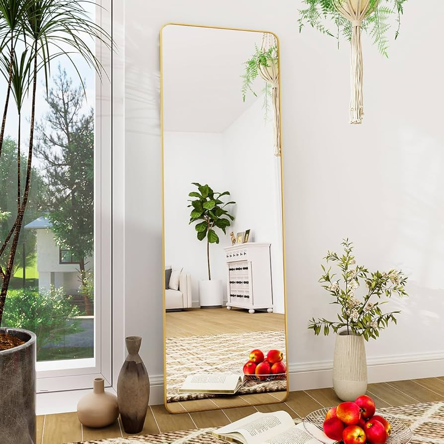 Amazon.com: BEAUTYPEAK Gold Full Length Mirror, 60"x20" Rounded Corner Floor Mirror Standing Hang... | Amazon (US)