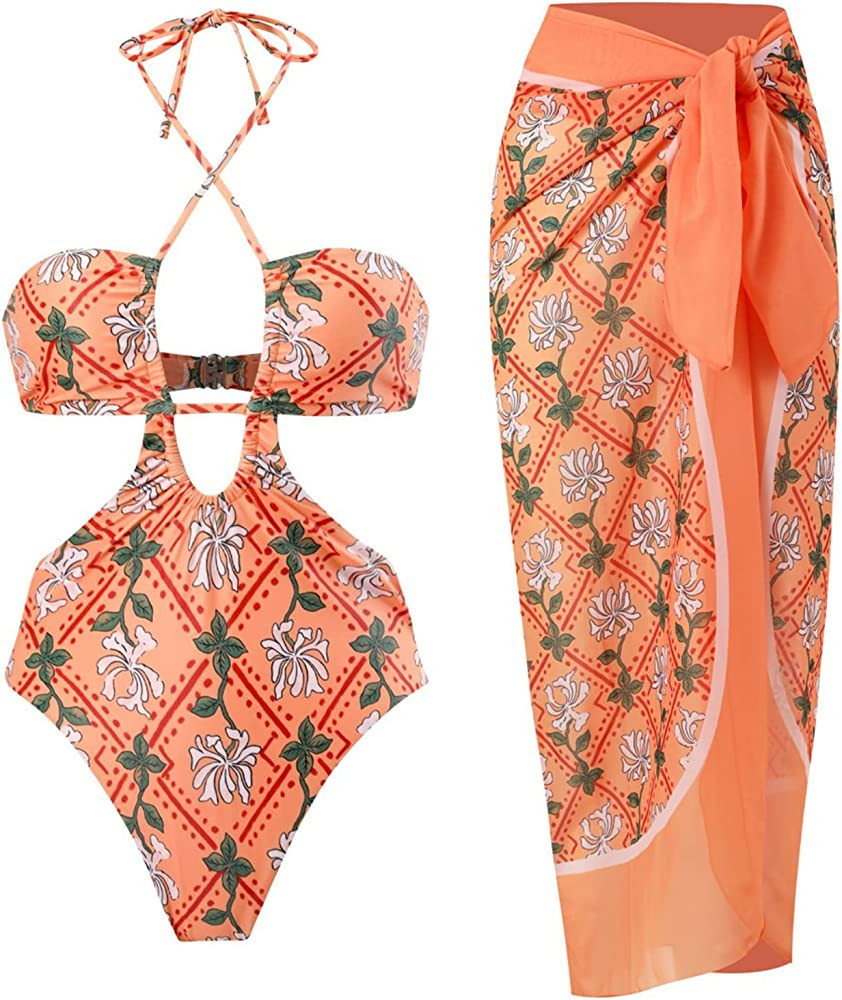 Women One Piece Swimsuit with Matching Cover Ups Floral Sexy Bikini Sets High Cut Push Up Two Pie... | Amazon (US)