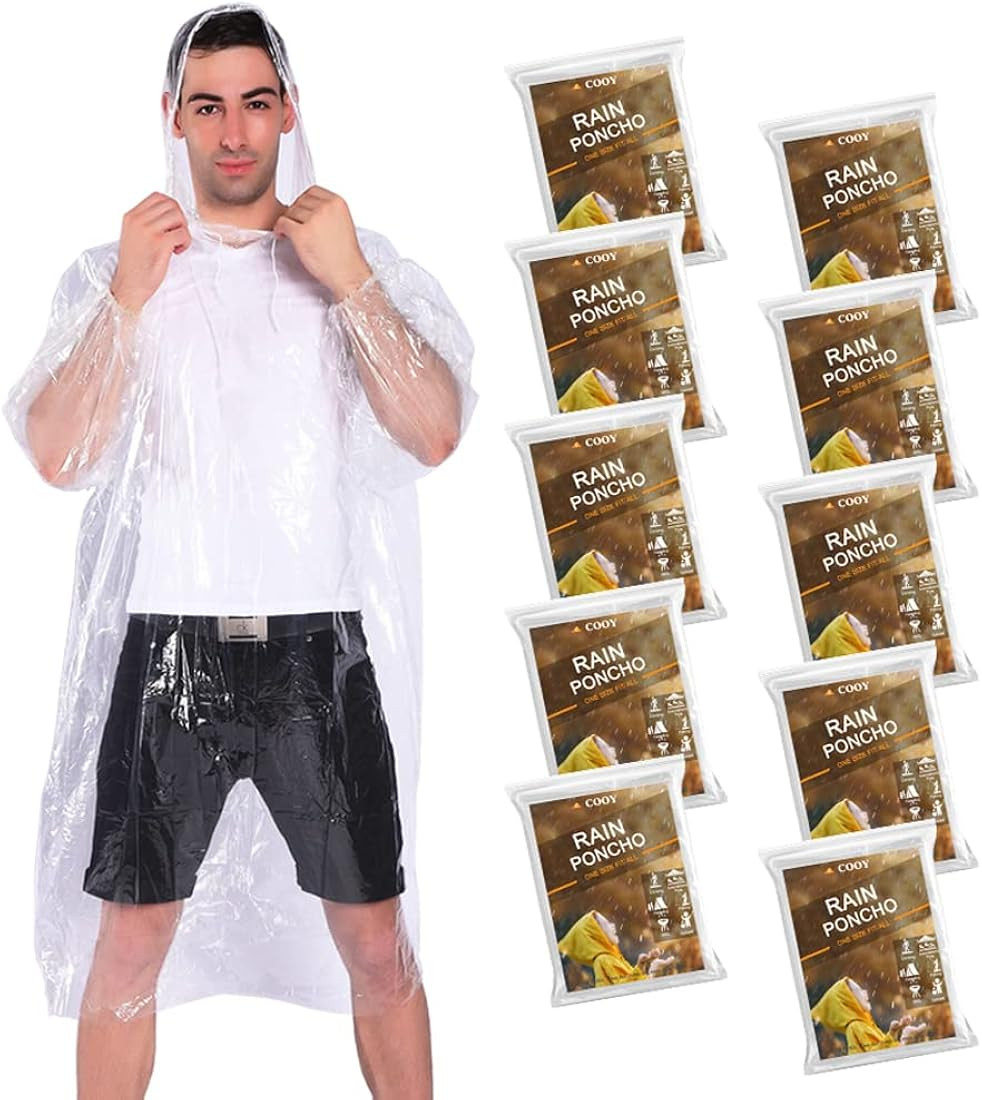 COOY Rain Ponchos,with Drawstring Hood （10 Pack） Emergency Disposable Rain Ponchos Family Pac... | Amazon (US)