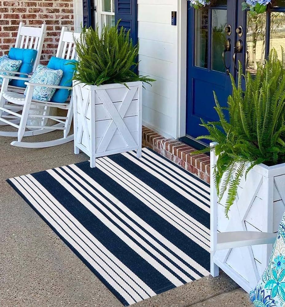 Blue and White Striped Rug 24'' x 51'' Outdoor Front Porch Rug Front Door Mat Hand-Woven Machine ... | Amazon (US)