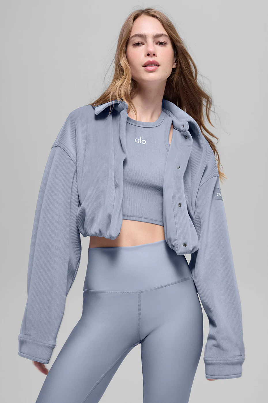 ALO | Ribbed Velour Cropped Mountain Side Jacket in Winter Frost, Size: 2XS | Alo Yoga