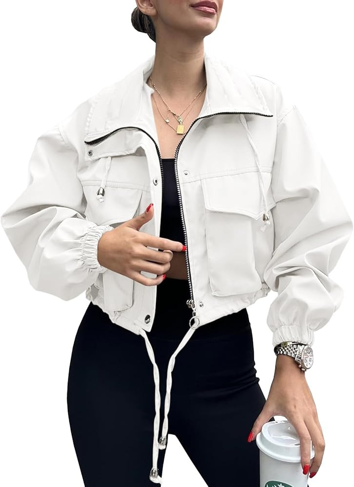 Tankaneo Womens Cropped Jacket Zip Up Lightweight Oversized Utility Anorak Coat with Pockets | Amazon (US)