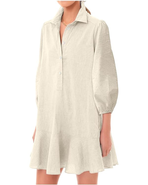 Women Button Down Dress Casual 3/4 Puff Sleeve Cotton Linen Dress Flowy Ruffle Hem Tunic Shirt Dr... | Amazon (US)