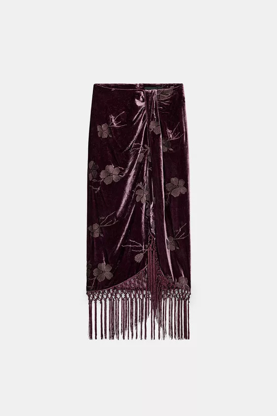 VELVET WRAP SKIRT WITH FLORAL EMBROIDERY | Zara US