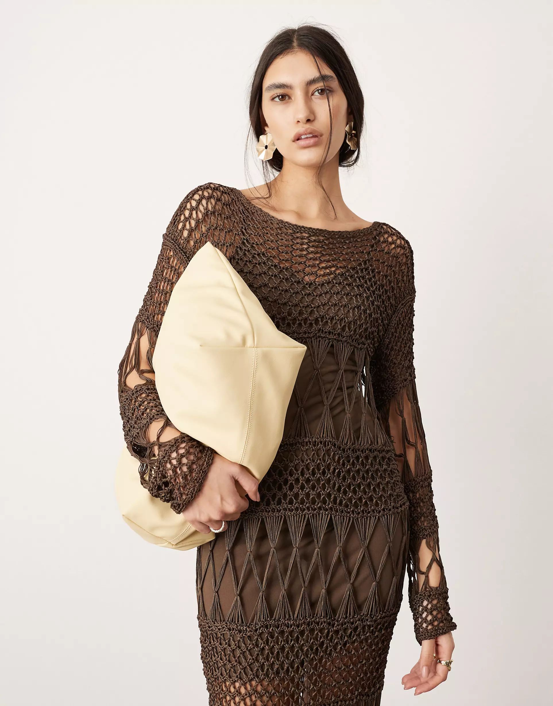 ASOS EDITION long sleeve macrame knit maxi dress in brown | ASOS (Global)