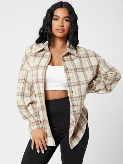 SHEIN PETITE Plaid Drop Shoulder Button Front Blouse | SHEIN