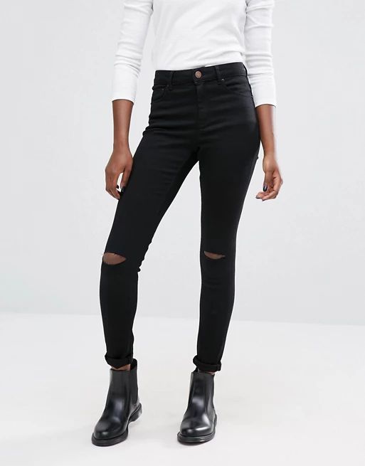 ASOS Ridley Skinny Jeans In Clean Black With Displaced Ripped Knees | ASOS UK