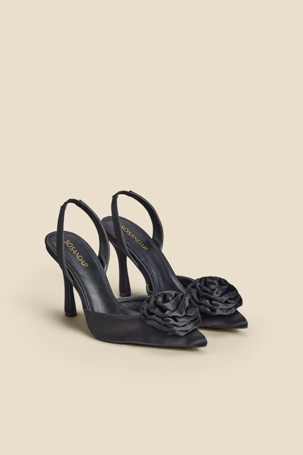 Black Satin Corsage Detail Flared Heel Slingback Court Shoes | Sosandar