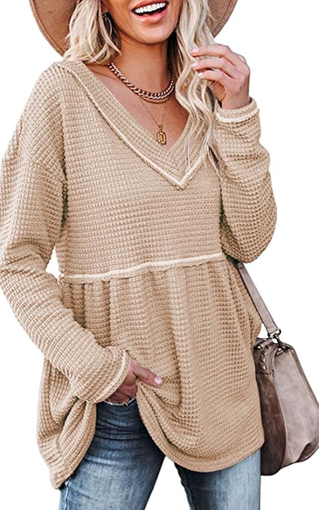 BTFBM Women Waffle Knit Shirts Long Sleeve V Neck Relaxed Fit Blouses Casual Peplum Tunic Babydol... | Amazon (US)