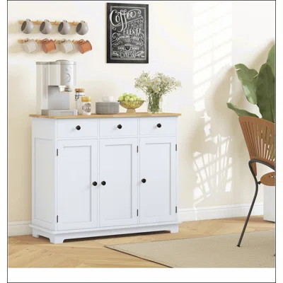 Sideboard with Solid Wood Countertop, Modern Kitchen Storage Cabinet, Coffee Bar Cabinet with 3 Drawers, Doors and Adjustable Shelf, Distressed White | Wayfair North America