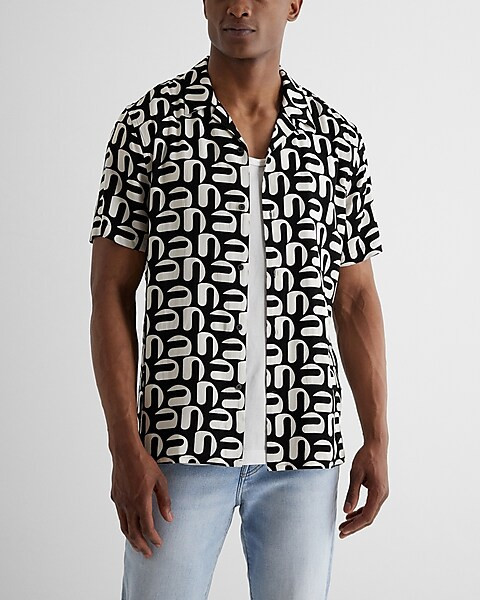Geo Print Rayon Short Sleeve Shirt | Express