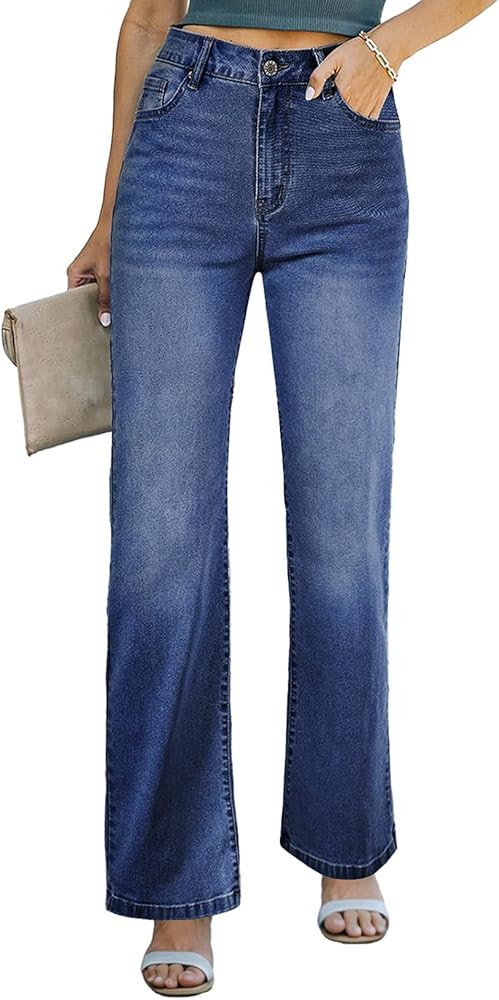 Sidefeel Women's Wide Leg Jeans Casual High Waisted Straight Zimbaplatinum Denim Pants with Pocke... | Amazon (US)