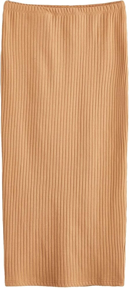SheIn Women's Basic Plain Stretchy Ribbed Knit Split Full Length Skirt | Amazon (US)