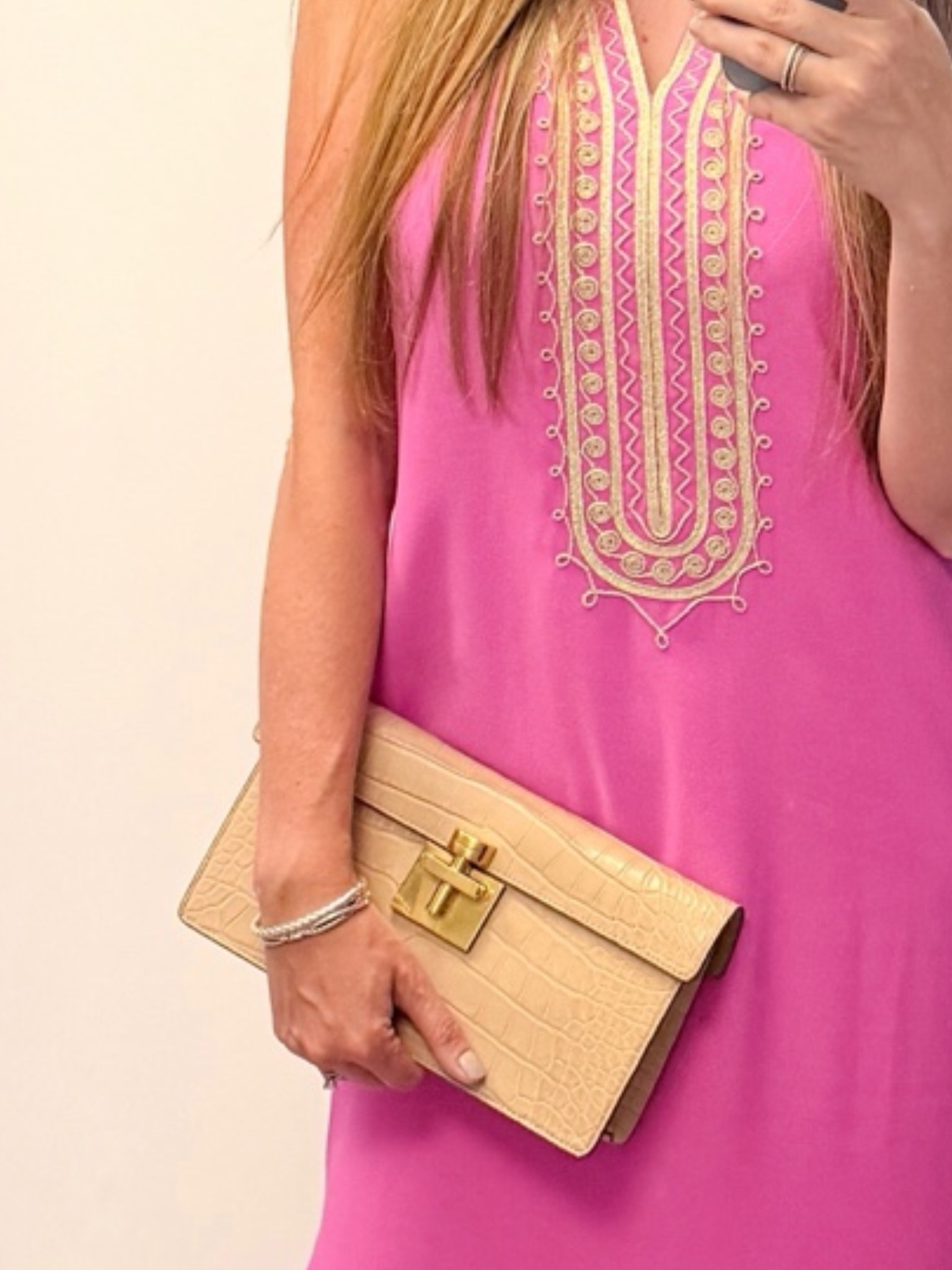 Alligator leather clutch with brass hardware styled with a pink maxi dress & David Yurman silver jewelry 🛍️

#LTKSaleAlert #LTKWedding #LTKootd